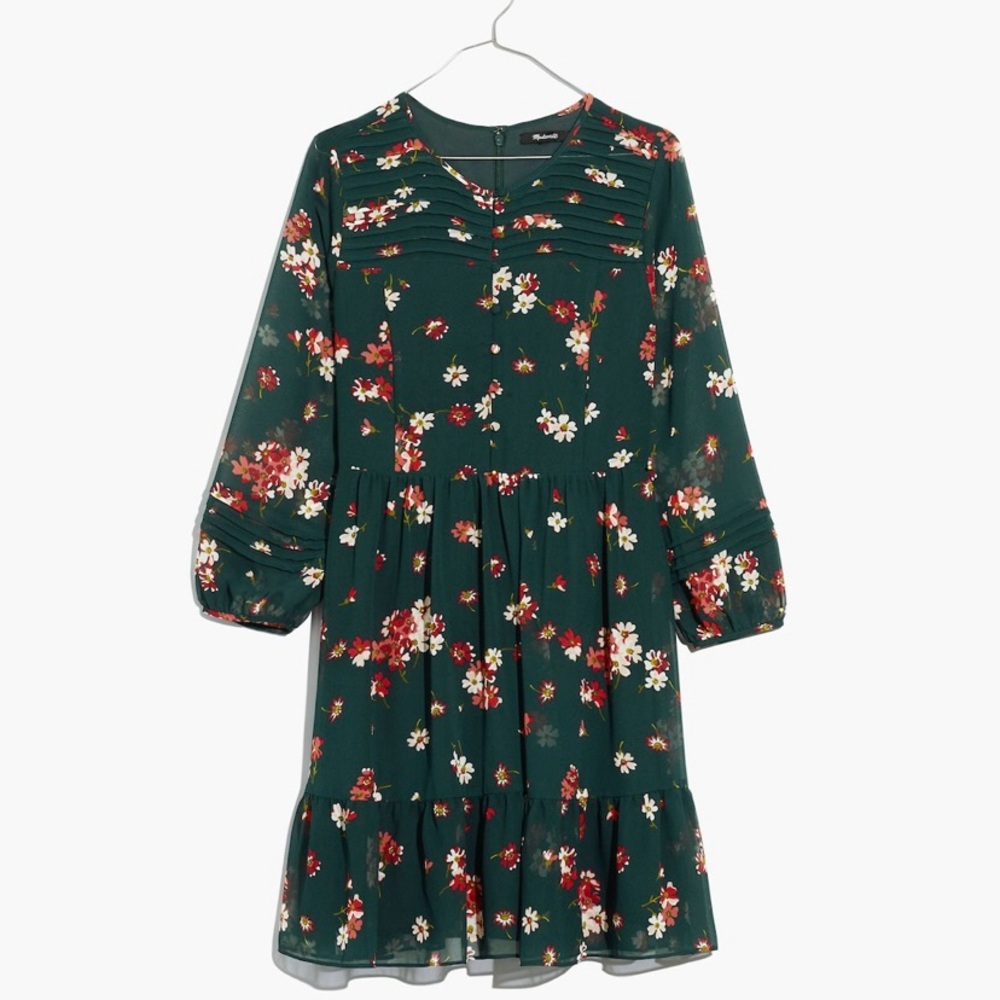 Madewell sheer-sleeve pintuck ruffle dress in spruce blooms